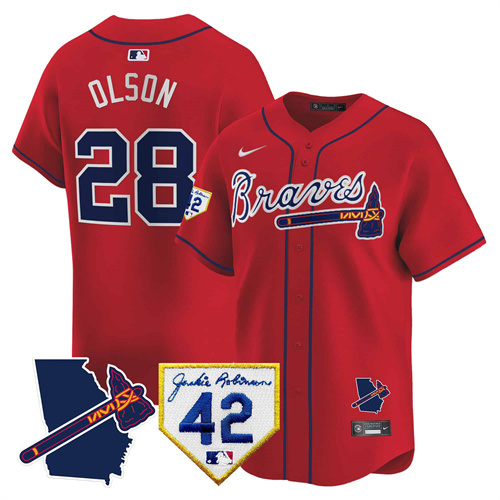 Atlanta Braves 2024 Robinson & Georgia Patch Vapor Premier Limited Baseball   Jersey – All Stitched  Red Matt Olson #28