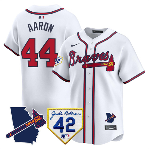 Atlanta Braves 2024 Robinson & Georgia Patch Vapor Premier Limited Baseball   Jersey – All Stitched  White #44 Hank Aaron