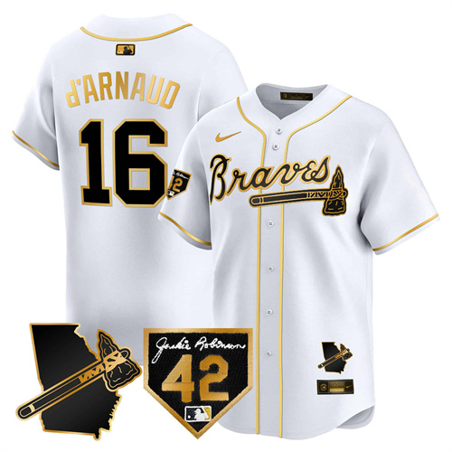 Atlanta Braves 2024 Robinson & Georgia Patch Vapor Premier Limited Baseball   Jersey – All Stitched  White Gold Travis D'Arnaud #16
