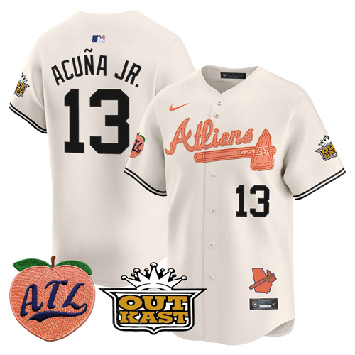 Atlanta Braves Atliens & Peach Vapor Premier Limited  baseball  Jersey – All Stitched Cream #13 Ronald Acuna Jr.