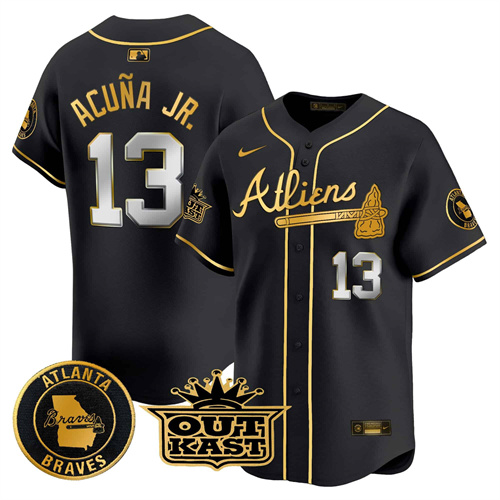 Atlanta Braves Atliens Vapor Premier Limited   baseball  Jersey – All Stitched Black Gold #13 Ronald Acuna Jr.