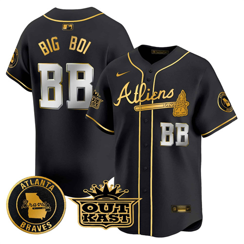 Atlanta Braves Atliens Vapor Premier Limited   baseball  Jersey – All Stitched Black Gold Big Boi