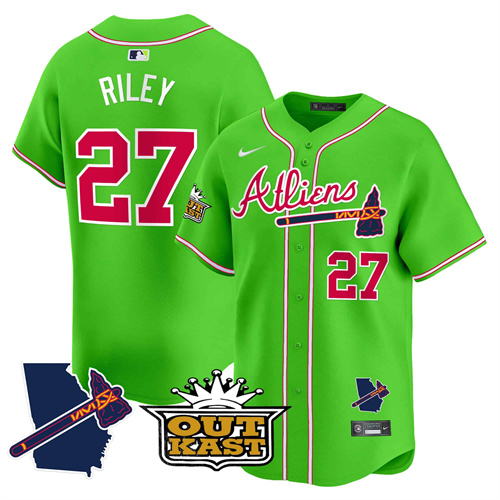 Atlanta Braves Atliens Vapor Premier Limited  baseball  Jersey V2 – All Stitched Bright Green Austin Riley #27