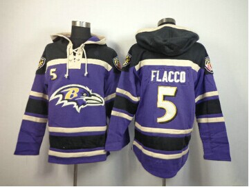 Baltimore Ravens #5 Joe Flacco Purple Sawyer Hooded Sweatshirt Stitched Jersey
