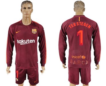 Barcelona #1 Ter Stegen Sec Away Long Sleeves Soccer Club Jersey