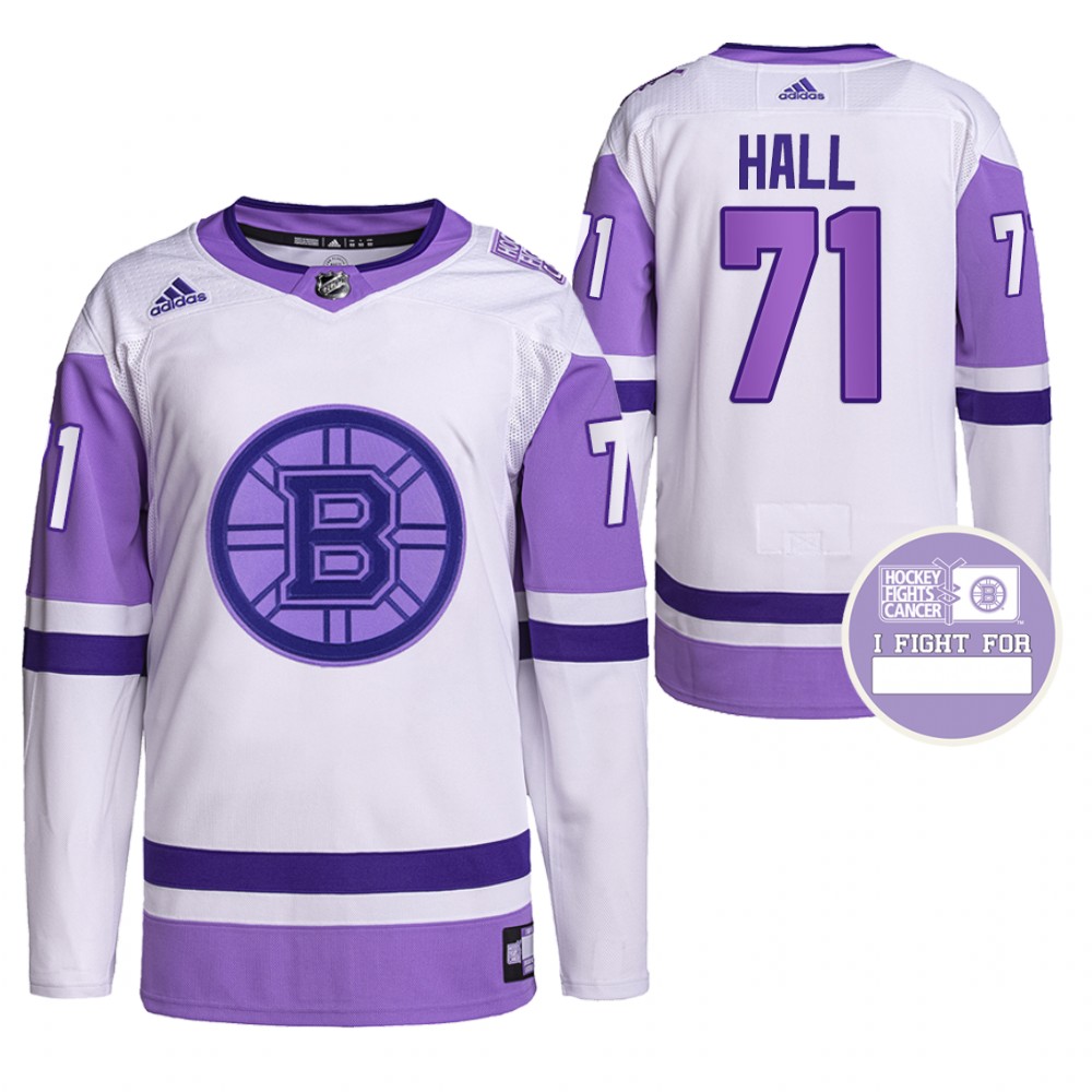 Boston Bruins Taylor Hall Hockey Fights Cancer White Purple Primegreen Authentic Jersey Stitched
