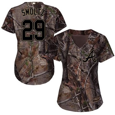 Braves #29 John Smoltz Camo Realtree Collection Cool Base Women's Stitched Baseball Jersey