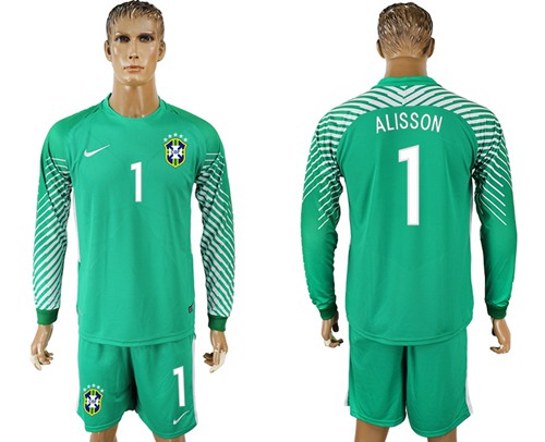 Brazil #1 Alisson Green Goalkeeper Long Sleeves Soccer Country Jersey