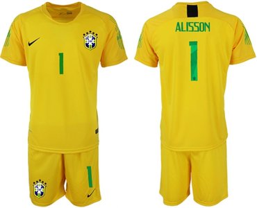 Brazil #1 Alisson Yellow Goalkeeper Soccer Country Jersey