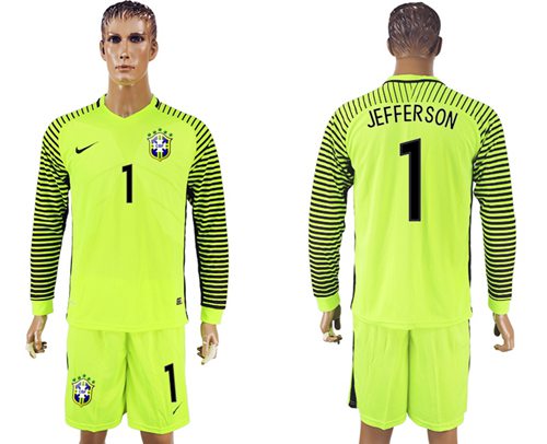 Brazil #1 Jefferson Green Long Sleeves Goalkeeper Soccer Country Jersey