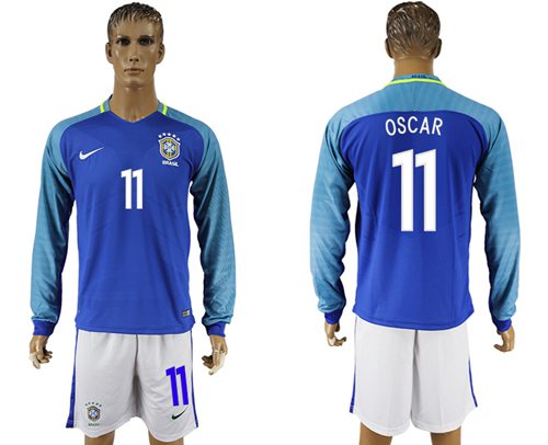 Brazil #11 Oscar Away Long Sleeves Soccer Country Jersey