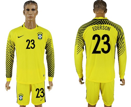 Brazil #23 Ederson Yellow Goalkeeper Long Sleeves Soccer Country Jersey