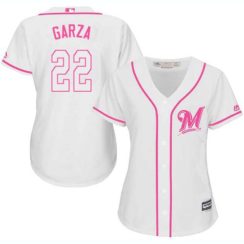 Brewers #22 Matt Garza White Pink Fashion Women's Stitched MLB Jersey