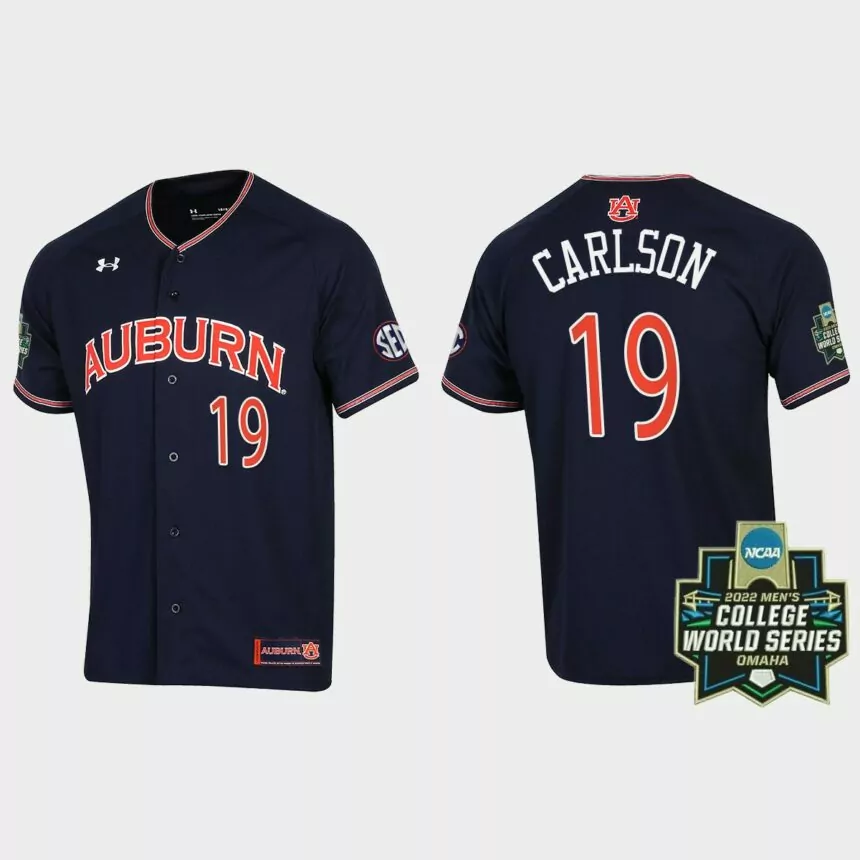 Brooks Carlson Auburn Tigers 2022 World Series Baseball Jersey – Navy