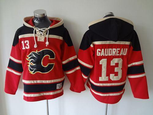 Calgary Flames #13 Johnny Gaudreau Red Sawyer Hooded Sweatshirt Stitched NHL jersey