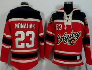 Calgary Flames #23 Sean Monahan Red Black Sawyer Hooded Sweatshirt Stitched NHL Jersey