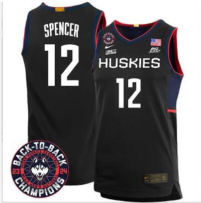 Cam Spencer Jersey #12 UConn Huskies 2024 Back To Back Champions Patch Black