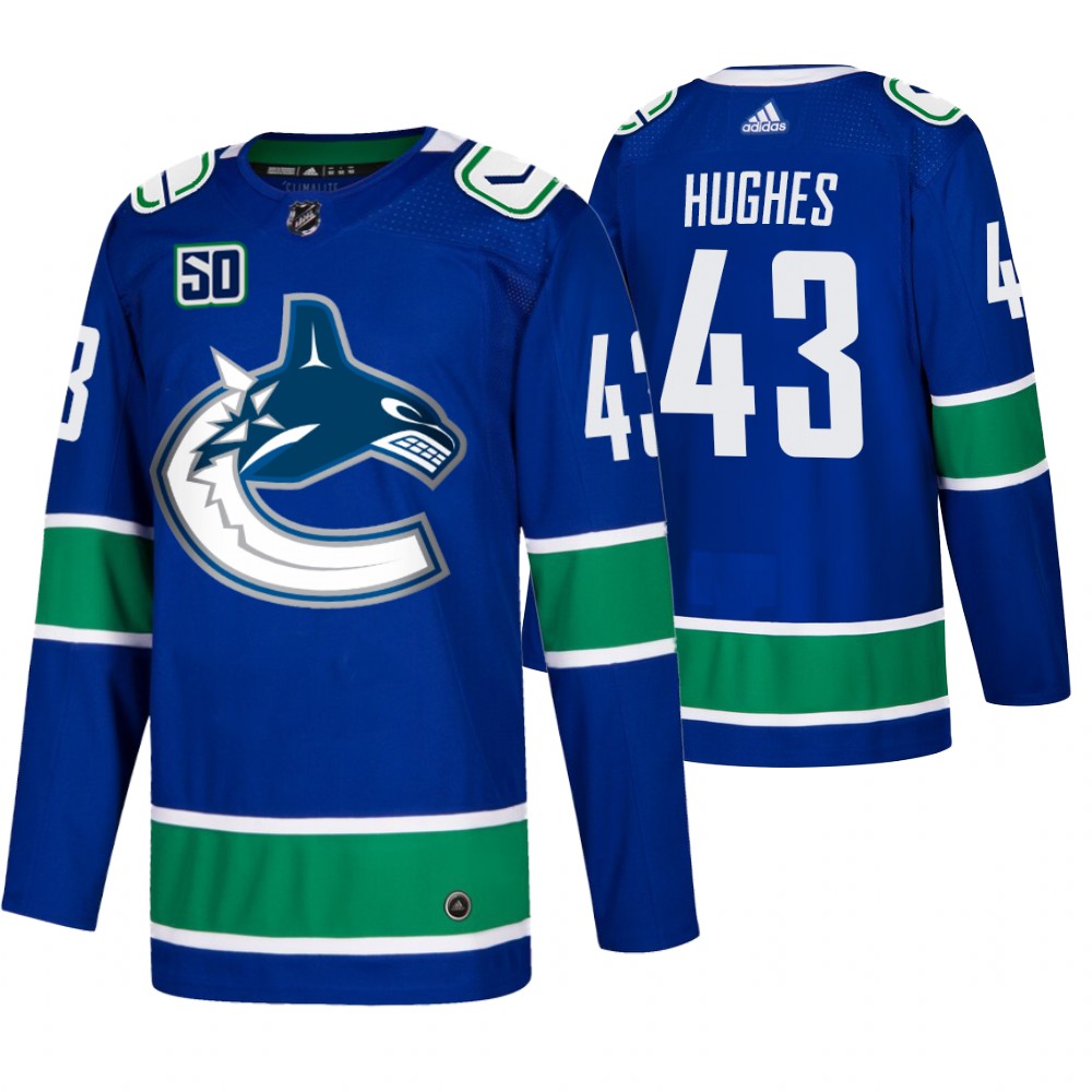Canucks Quinn Hughes Blue Home 50th Anniversary Authentic Jersey