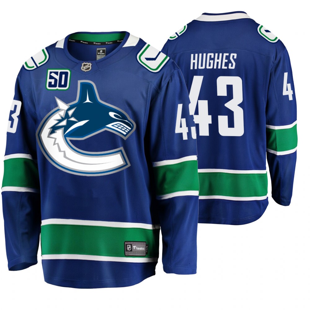 Canucks Quinn Hughes Blue Home Breakaway 50th Anniversary Player Jersey