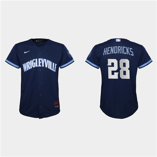 Chicago Cubs #28 Kyle Hendricks Youth Nike 2021 City Connect Navy MLB Jersey