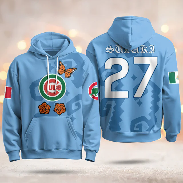 Chicago Cubs Xicago Mexican Heritage Hoodie BLUE #27 SUZUKI SEIYA.webp