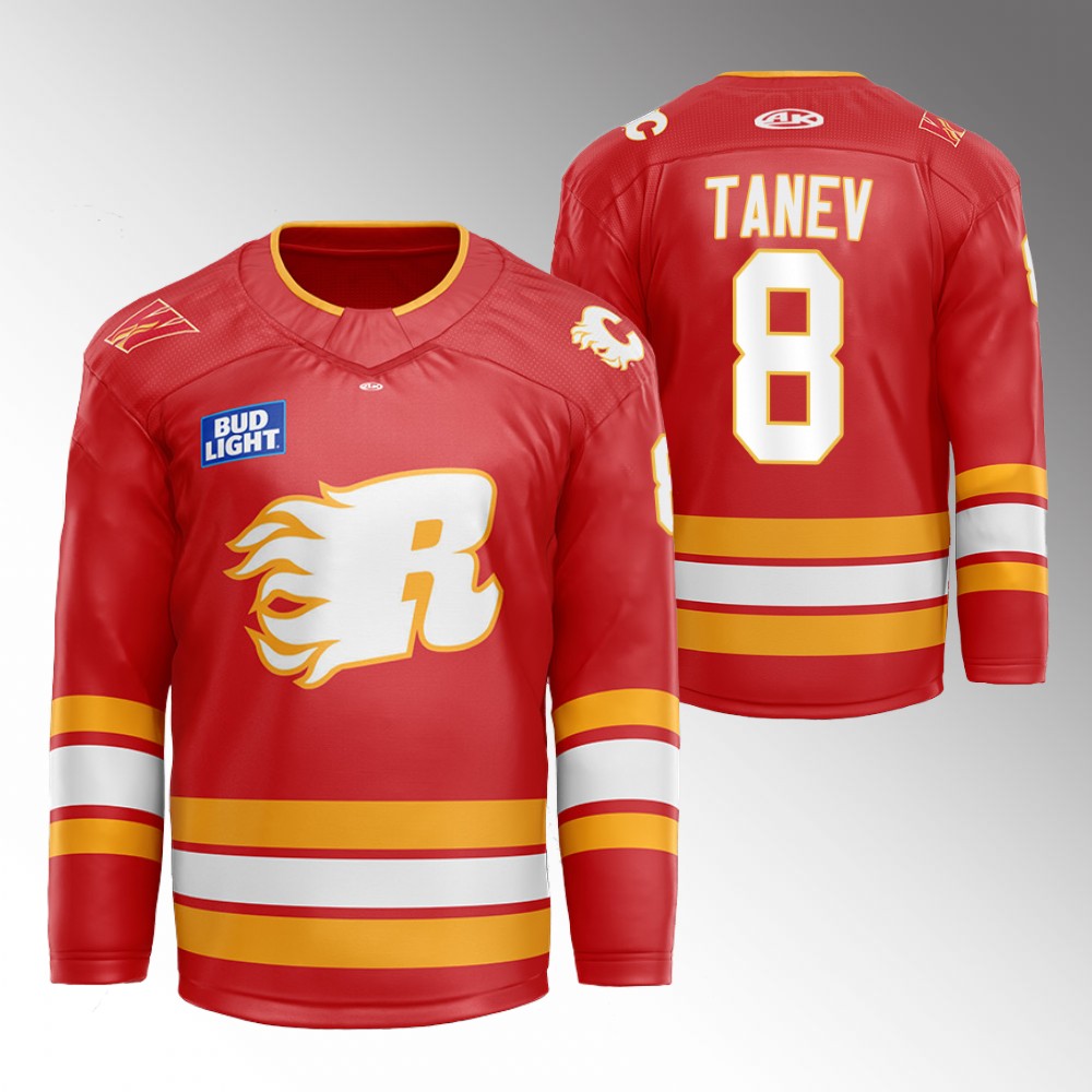 Christopher Tanev Flames Flames X Rush X CGY Wranglers Jersey Red Warmup