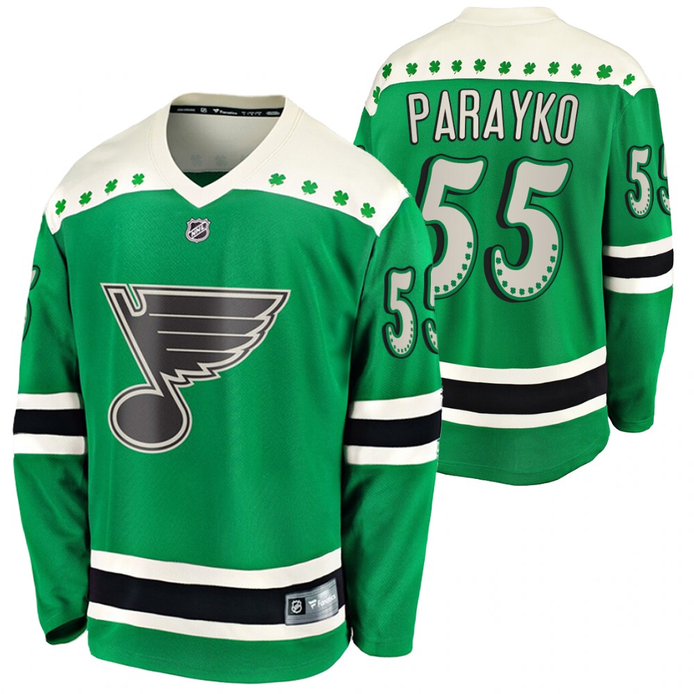 Colton Parayko Blues 2021 St Patricks Day Green #55 Jersey