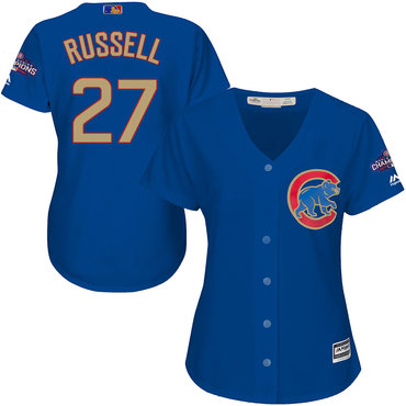 Cubs 27 Addison Russell Blue Women World Series Champions Gold Program Cool Base Jersey