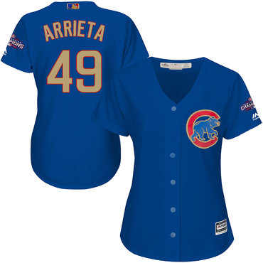 Cubs 49 Jake Arrieta Blue Women World Series Champions Gold Program Cool Base Jersey