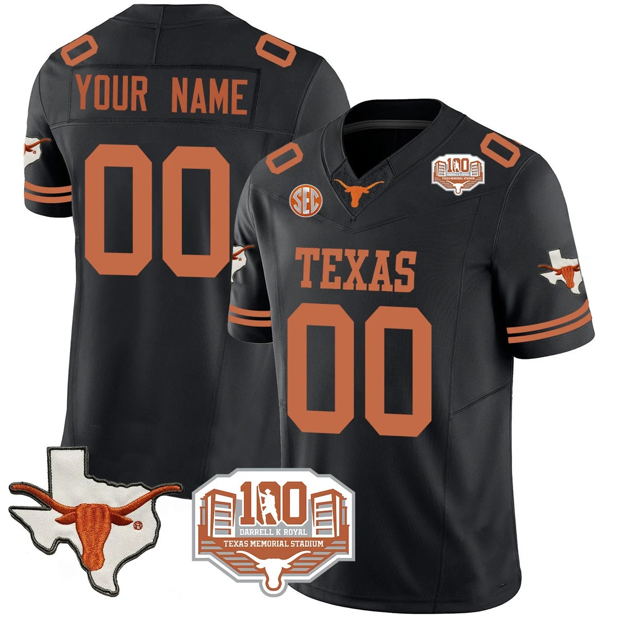 Custom  Texas Longhorns 2024 Vapor Football Jersey - 100 years of Darrell K Royal - All Stitched  BLACK