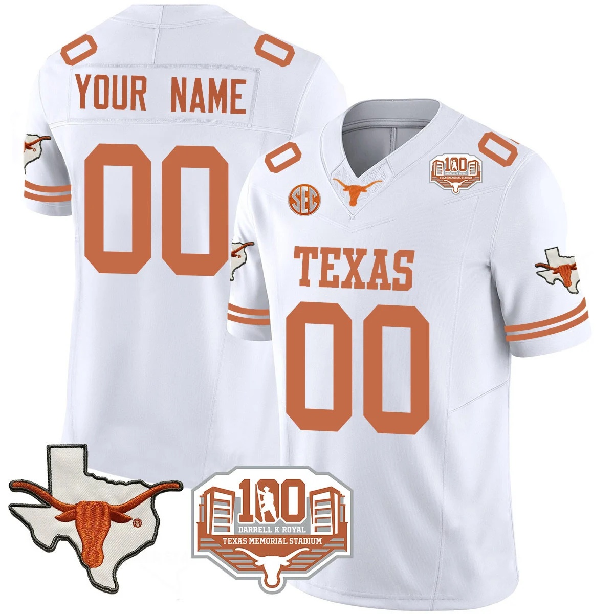Custom  Texas Longhorns 2024 Vapor Football Jersey - 100 years of Darrell K Royal - All Stitched  WHITE