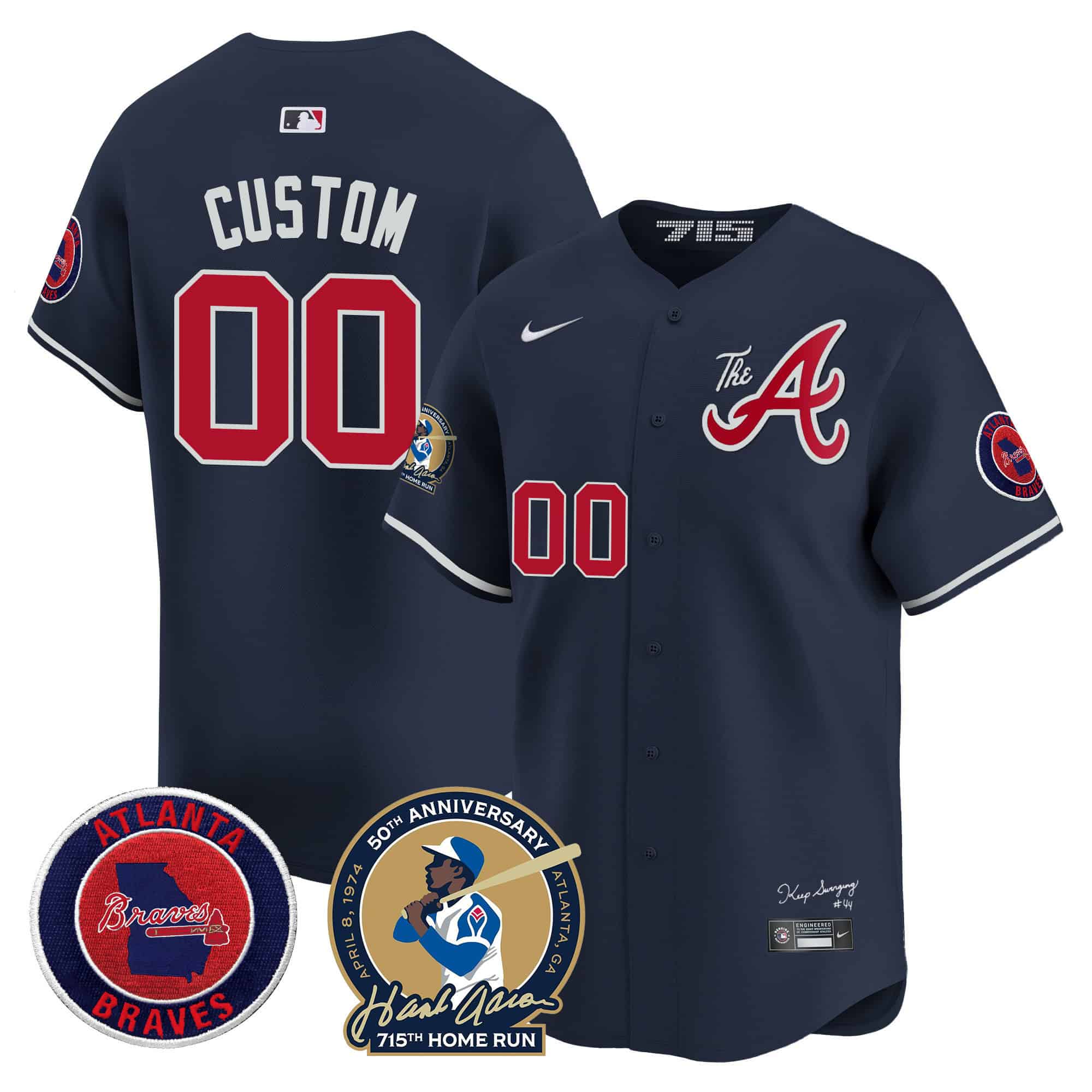 Custom Atlanta Braves Hank Aaron 715th Home Run Patch Vapor Premier Limited  baseball  Jersey V2 – All Stitched Navy