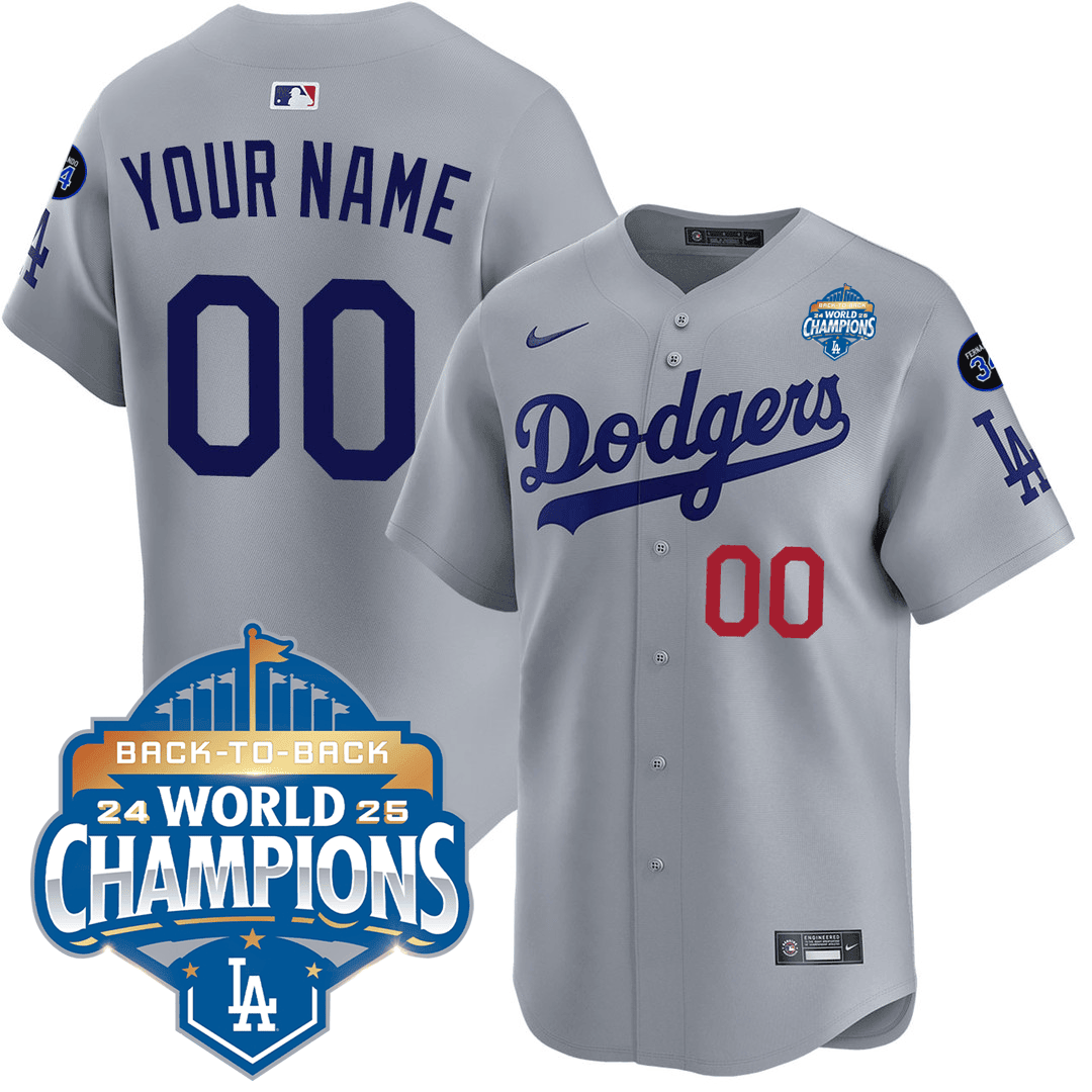 Custom Gender Name Dodgers 2025 World Series - Back To Back Champions Vapor Premier Limited Jersey V2 gray