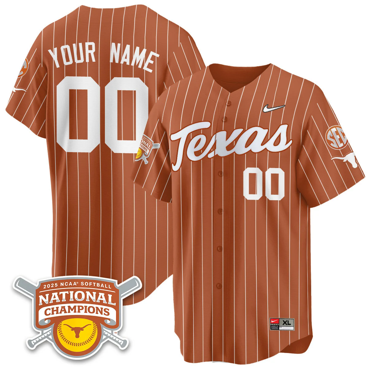 Custom GenderName Texas Longhorns Softball 2025 World Series Champions Limited Jersey pinstripe.webp