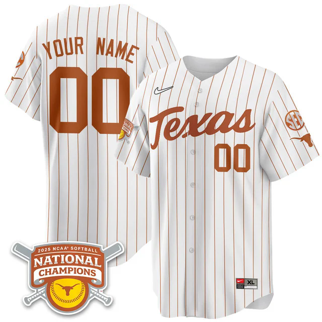 Custom GenderName Texas Longhorns Softball 2025 World Series Champions Limited Jersey white pinstripe.webp