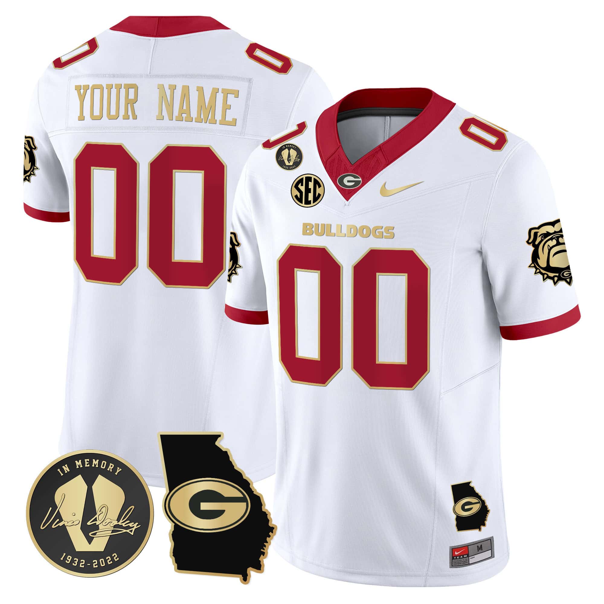 Custom Georgia Bulldogs 2024 Vapor Football Jersey V5 – Georgia Map – All Stitched White Gold Trim