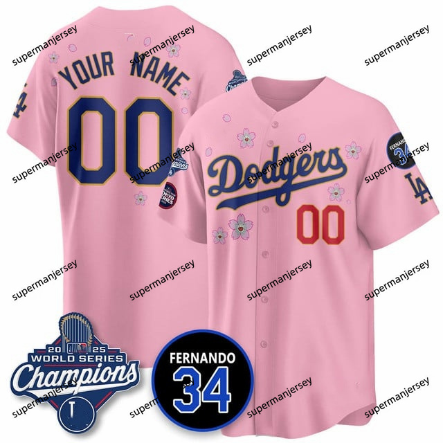 Custom Los Angeles Dodgers 2025 World Series Champions   Jersey - All Stitched Cherry Blossom