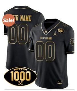 Custom Michigan Wolverines Jersey Name and Number 1000 Wins Patch Football All Stitched Black Gold