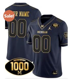 Custom Michigan Wolverines Jersey Name and Number 1000 Wins Patch Football All Stitched Navy Gold