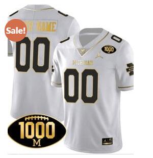 Custom Michigan Wolverines Jersey Name and Number 1000 Wins Patch Football All Stitched White Gold
