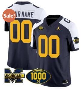 Custom Michigan Wolverines Jersey Name and Number 1000 Wins Patch Vapor College Football Navy Alternate