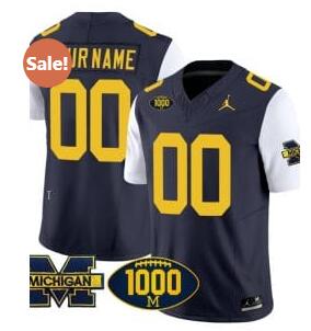 Custom Michigan Wolverines Jersey Name and Number 1000 Wins Patch Vapor College Football White Sleeves