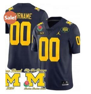 Custom Michigan Wolverines Jersey Name and Number 1000 Wins Rose Bowl Big Ten Champs Patch Navy