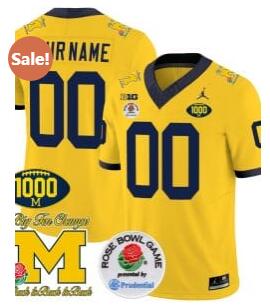 Custom Michigan Wolverines Jersey Name and Number 1000 Wins Rose Bowl Patch Maize