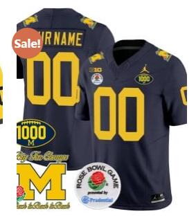 Custom Michigan Wolverines Jersey Name and Number 1000 Wins Rose Bowl Patch Navy