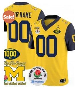 Custom Michigan Wolverines Jersey Name and Number 1000 Wins Rose Bowl Patch Navy Sleeves