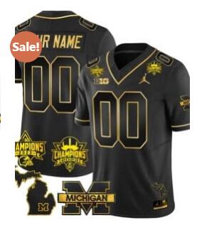 Custom Michigan Wolverines Jersey Name and Number 2023 Big Ten Back to Back Champions Patch Black Gold
