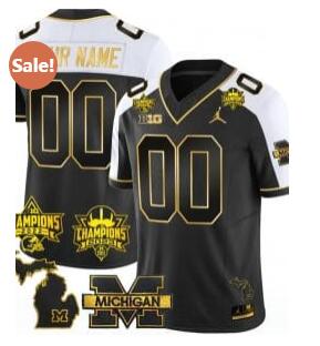 Custom Michigan Wolverines Jersey Name and Number 2023 Big Ten Back to Back Champions Patch Gold Alternate