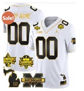 Custom Michigan Wolverines Jersey Name and Number 2023 Big Ten Back to Back Champions Patch White Gold