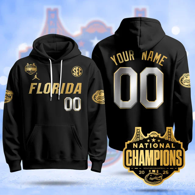 Custom NameGender Florida Gators 2025 National Champions Basketball Hoodie BLACKGOLD.webp